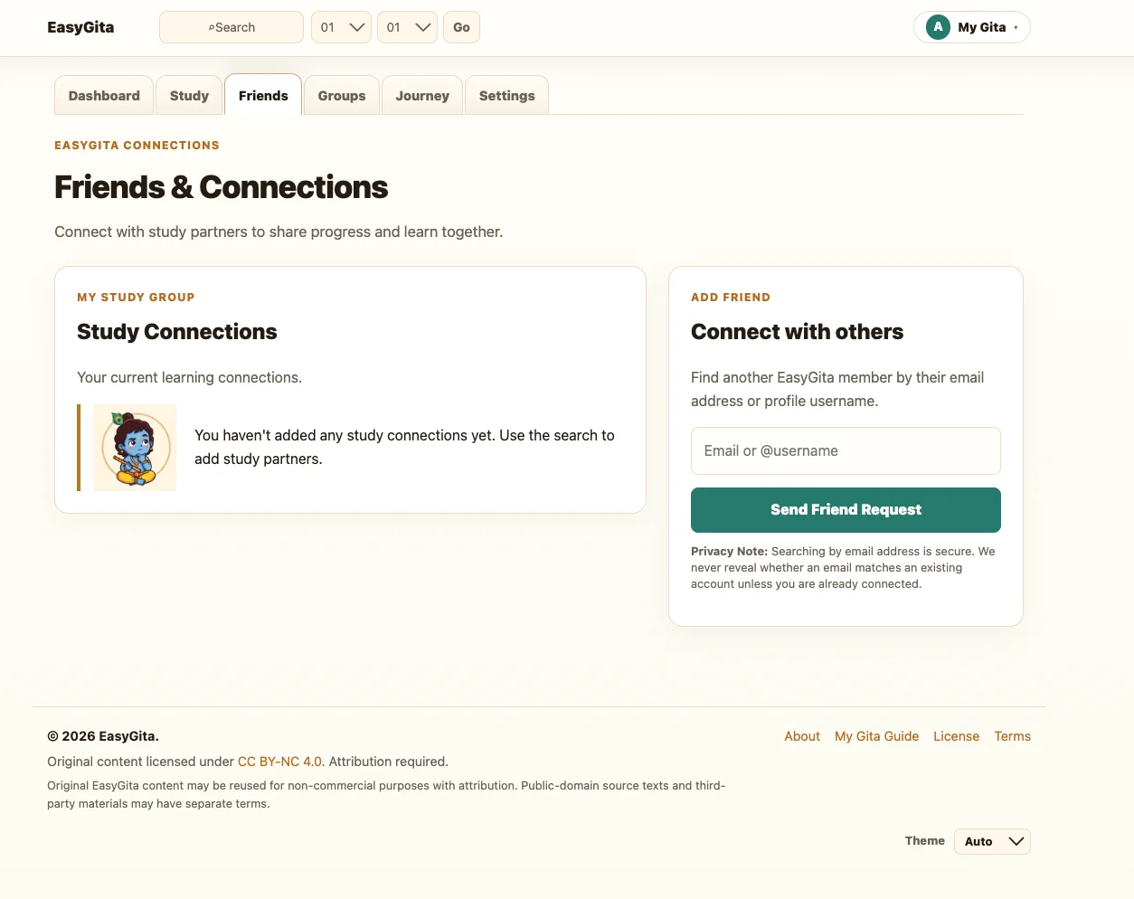 EasyGita Friends network page showing connected friends and active connection requests