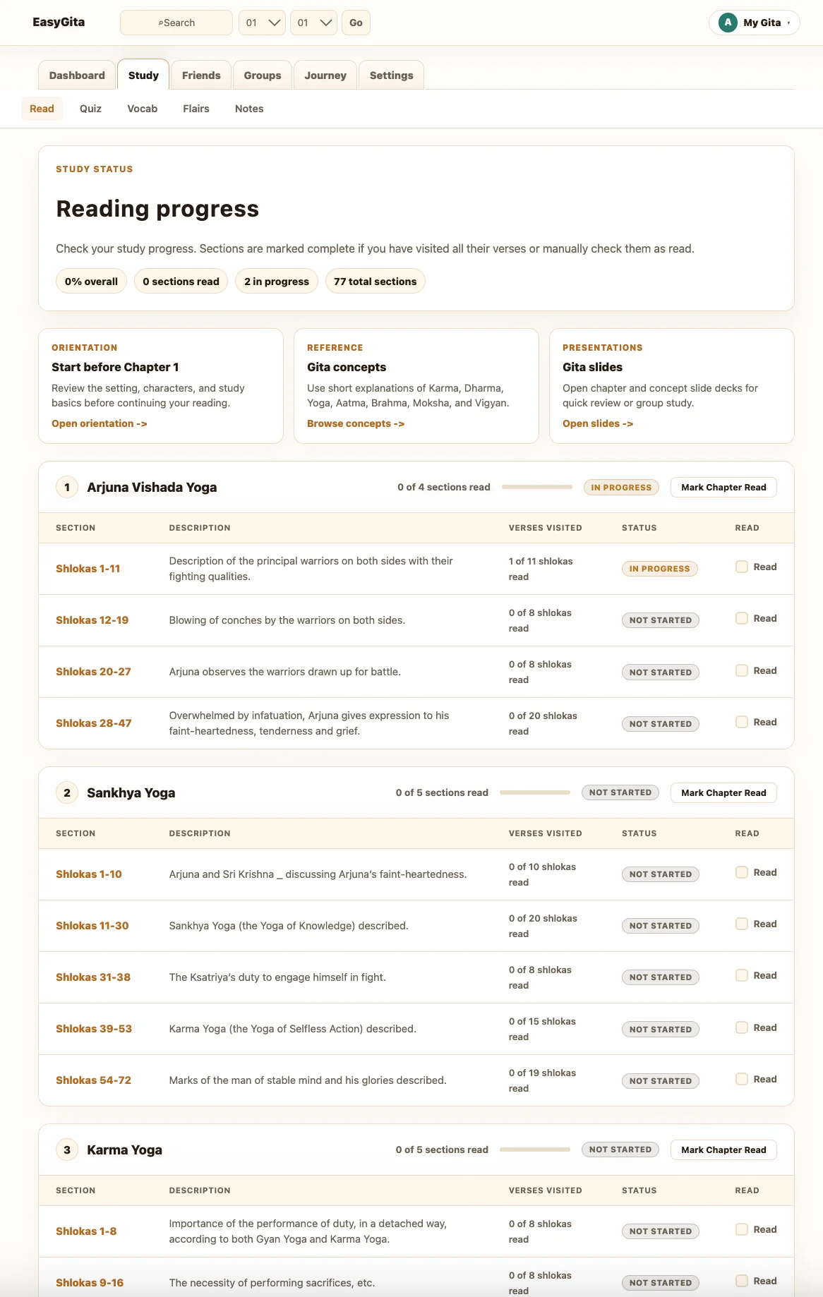 Bhagavad Gita reading interface with translation, explanation, and bottom chapter section switcher