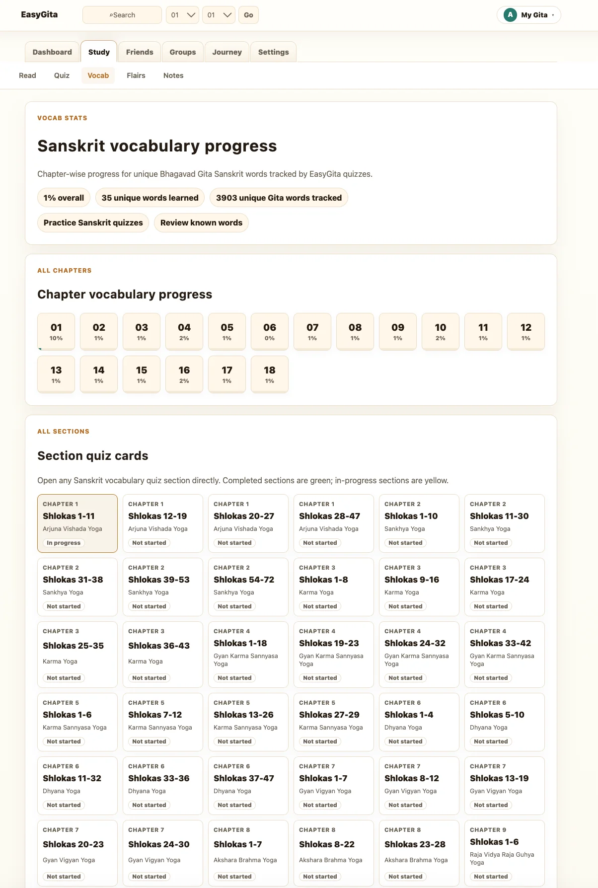 EasyGita Sanskrit vocabulary progress page with chapter vocabulary progress and section quiz cards