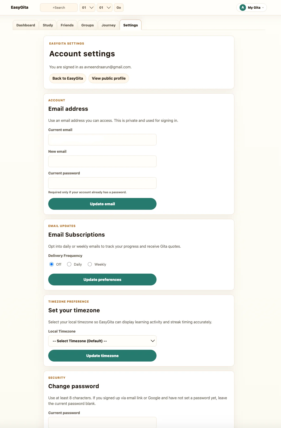 EasyGita Settings page showing profile edit forms and email notification preferences