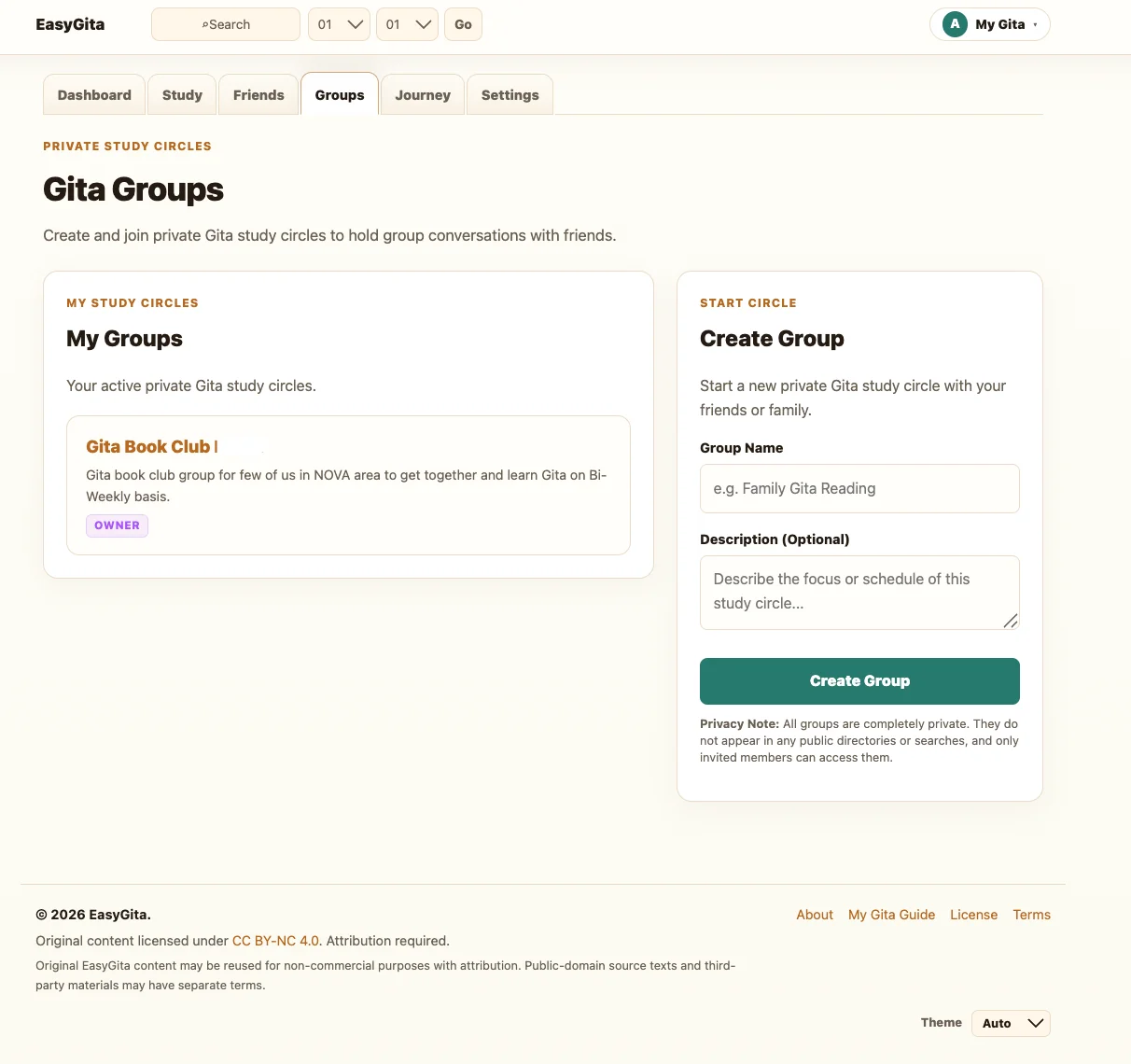 EasyGita Study Groups interface showing group members, conversation threads, and live quiz progress