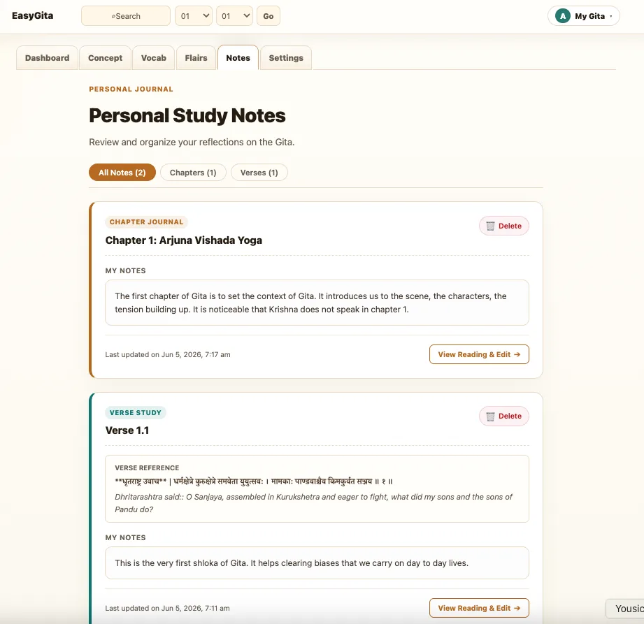 EasyGita Personal Study Notes page showing a chapter note and a verse note for Bhagavad Gita 1.1